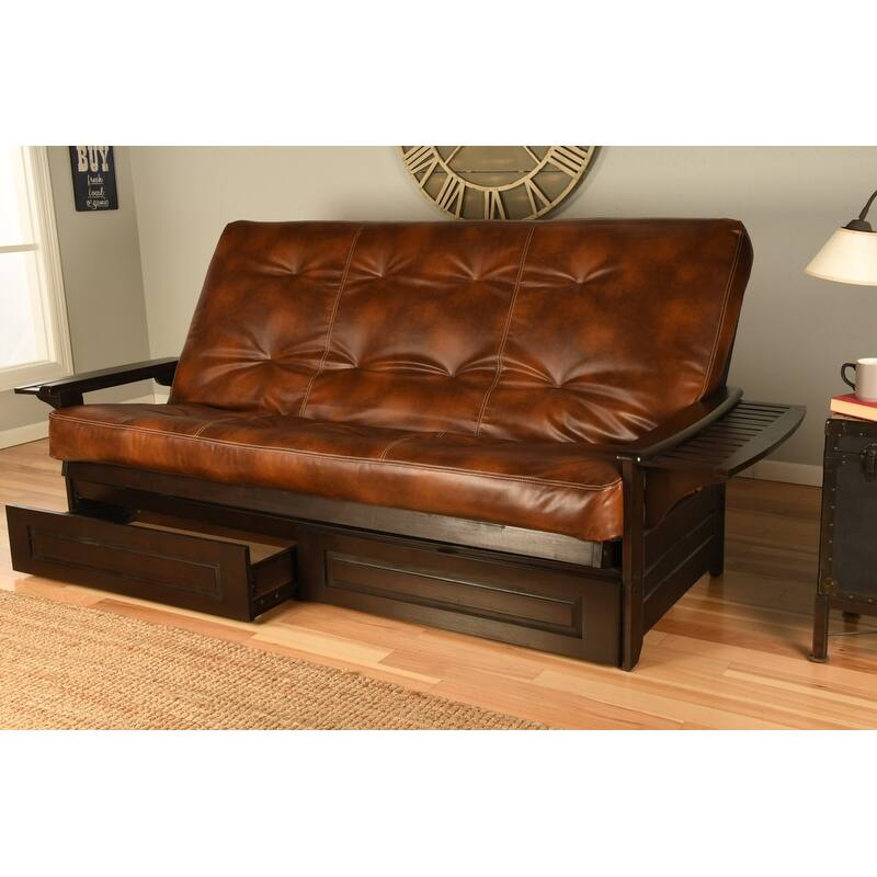 Somette Phoenix Queen-size Storage Futon Set in Espresso Finish with Faux Leather Mattress