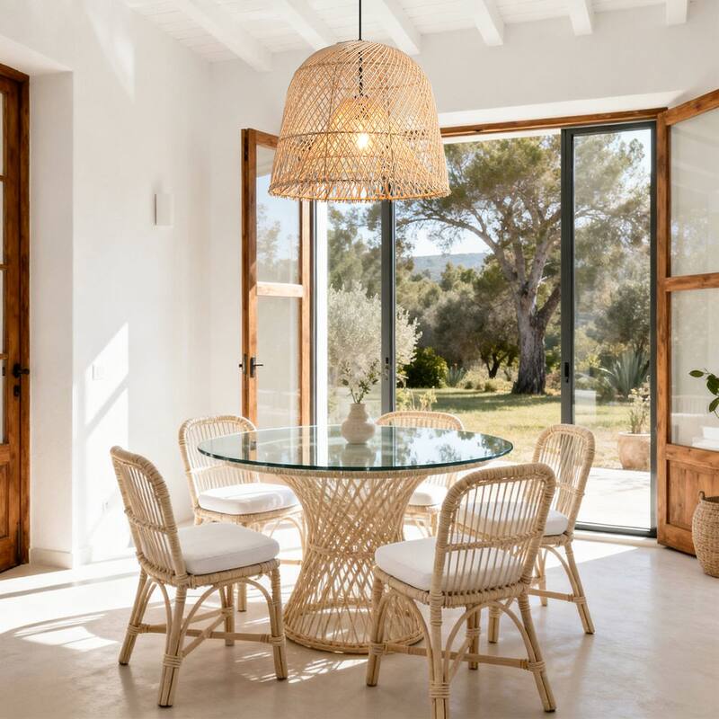 1-Light Coastal Retro Brown Rattan Hand-Woven Cloche Hanging Basket Pendant Light - 14.9" W x 59" H