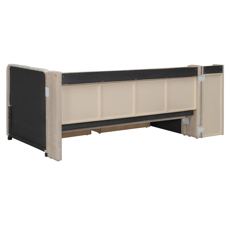 Twin Size Upholstered Daybed with Drawers, Shelves, Flip Cabinets & Side Table
