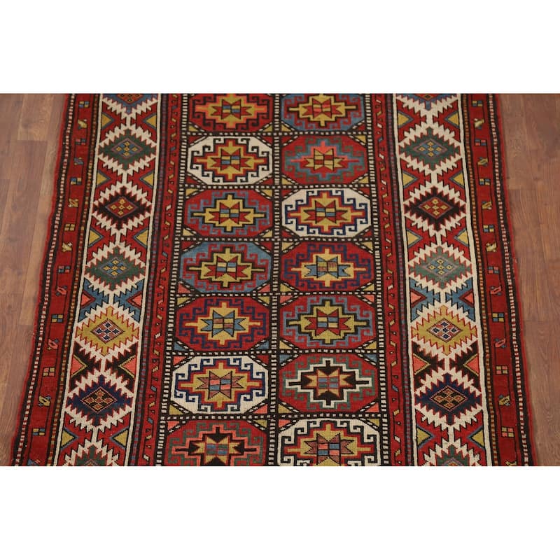Pre-1900 Antique Kazak Vegetable Dye Runner Rug Handmade Wool Carpet - 3'11" x 8'7"
