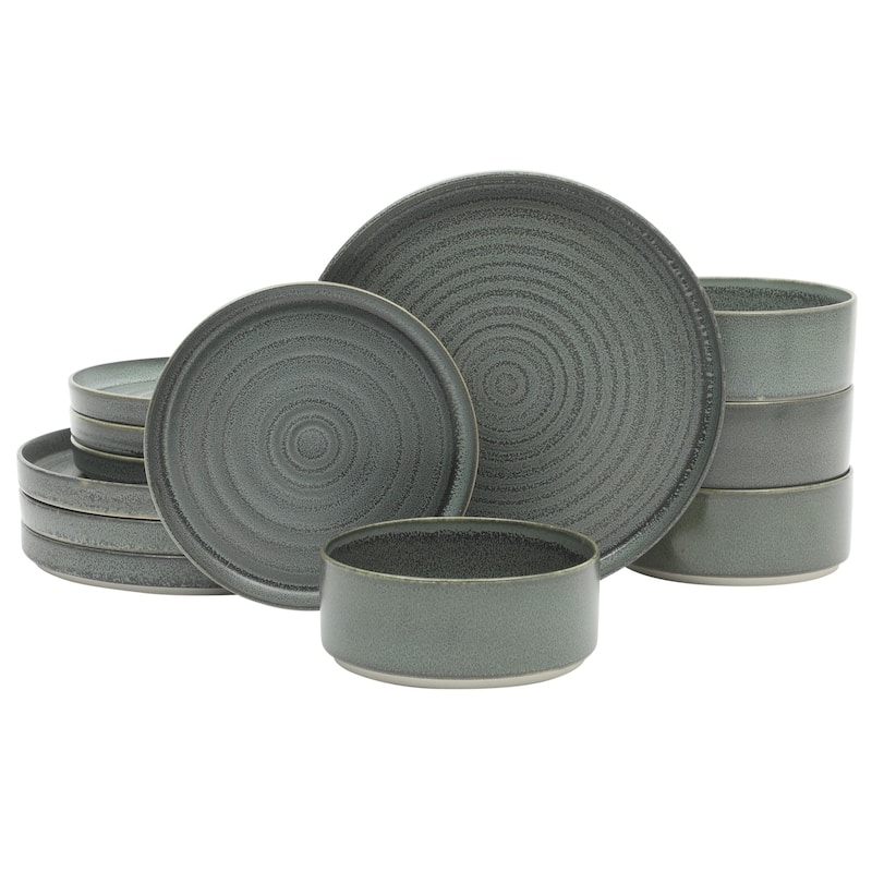 Gibson Elite Echo Bay 12 Piece Porcelain Reactive Glaze (Service for 4) Ceramic Plates and Bowls Dinnerware Set - Blue