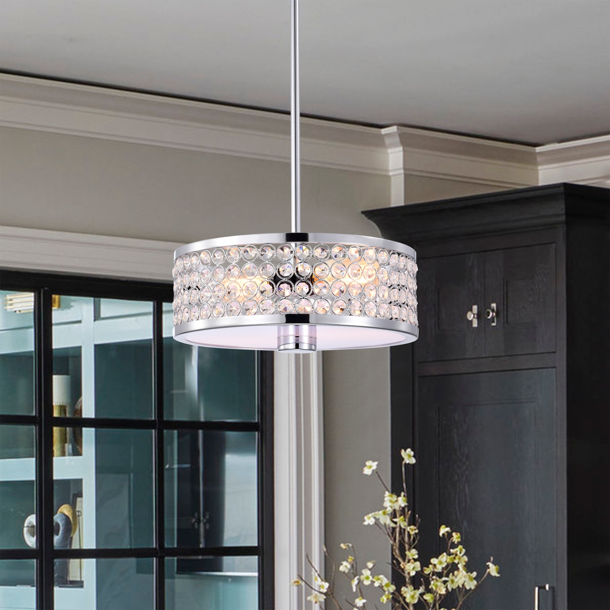Warehouse of Tiffany Eudocia 13 Inch Modern Drum Crystal Ceiling Lighted Pendant Chandelier Chrome Finish 2-Light