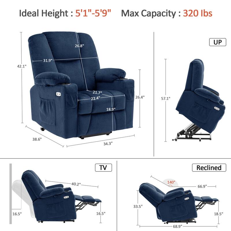 MCombo Electric Power Lift Recliner Chair with Extended Footrest, Fabric 7507