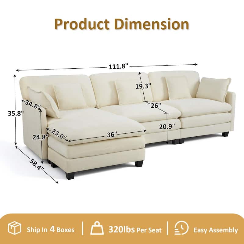 MCombo 111.8'' Modular Sectional Sofa Couch with Reversible Ottoman for Living Room, L Shaped Sofa, FSC Certified