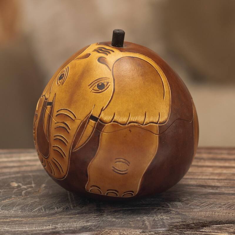 Novica Handmade Earth Tone Elephant Dried Mate Gourd Decorative Box