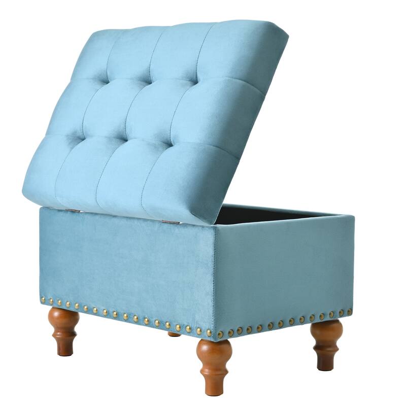 Square velvet upholstered Ottoman with storage space, hidden support hinge with easy to open top, rivet trim around