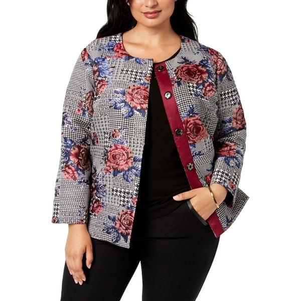 Alfani Womens Jacket Black Size 3X Plus Button Front Floral Print