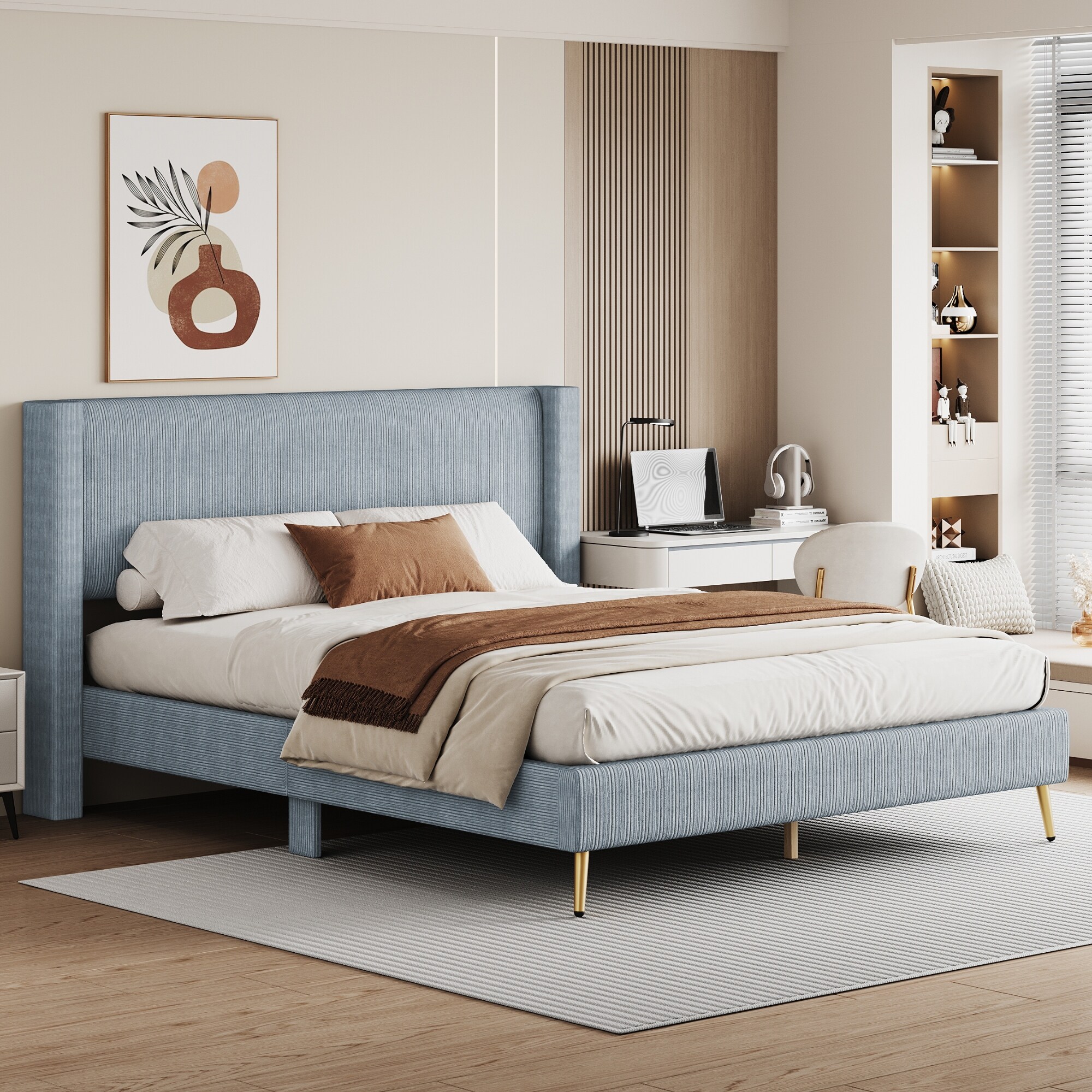 Queen Size Corduroy Upholstered Platform Bed Frame - Wingback Headboard for Bedroom