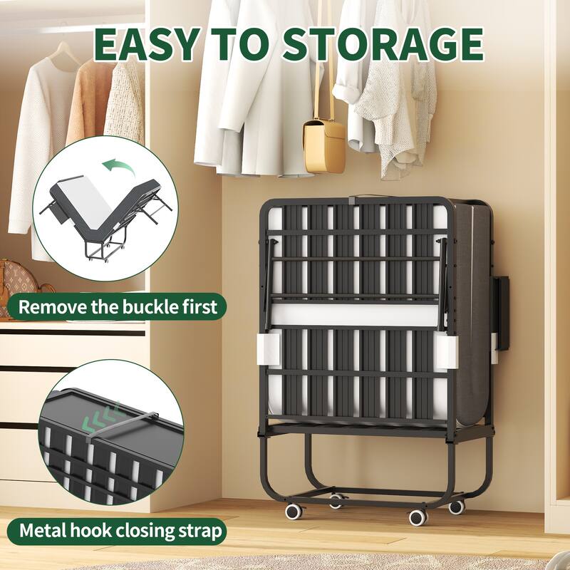 75" Folding Bed with Adjustable Headboard & 5" Memory Foam, Space Saving Rollaway Guest Bed for Tall People, Twin Cot on Wheels