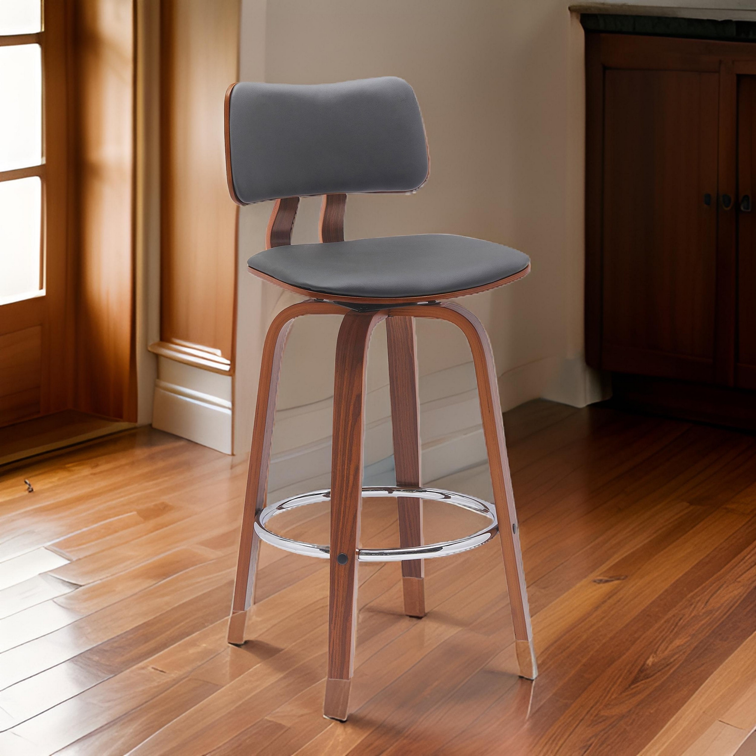 Pino 26 Inch Swivel Counter Stool Chair, Gray Faux Leather, Walnut Brown