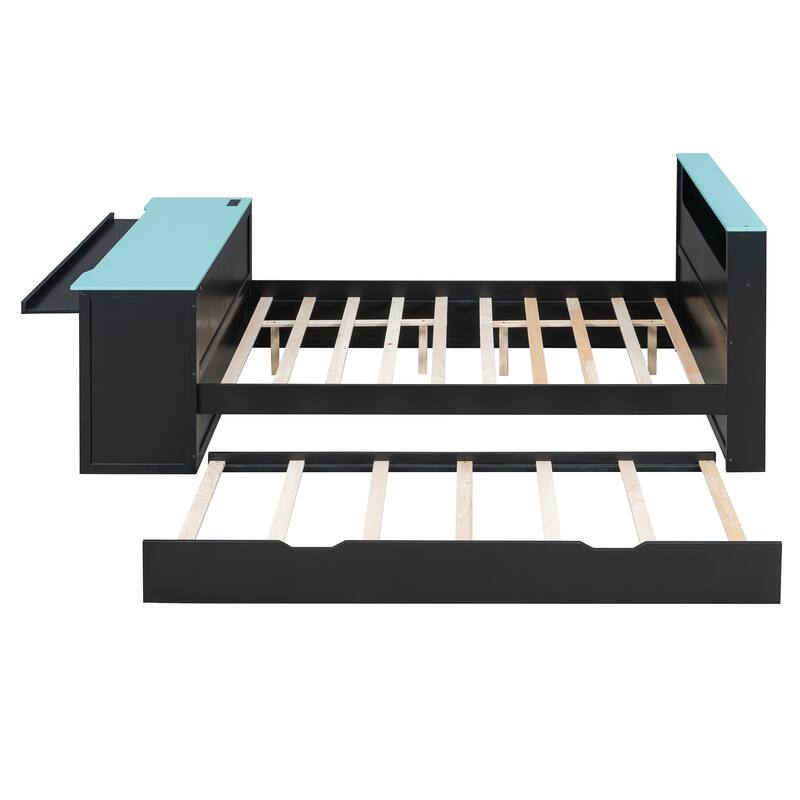 Wood Daybed with Trundle & Built-in Desk, LED Lights & USB Charging Port, Available in Full or Twin