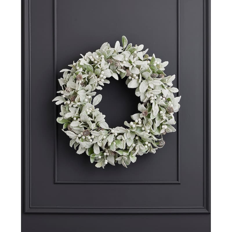 Snowy Lambs Ear and Holly Berry 24in Wreath-White