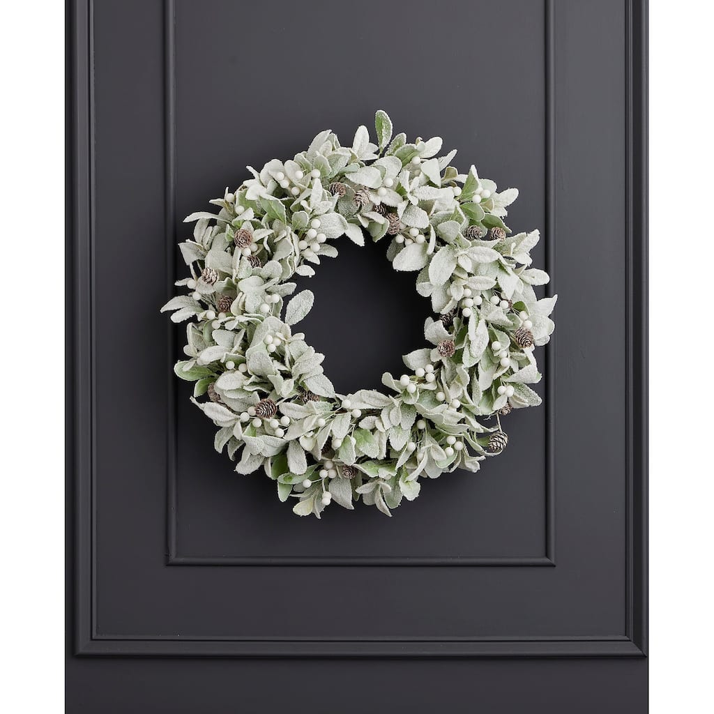 Snowy Lambs Ear and Holly Berry 24in Wreath-White