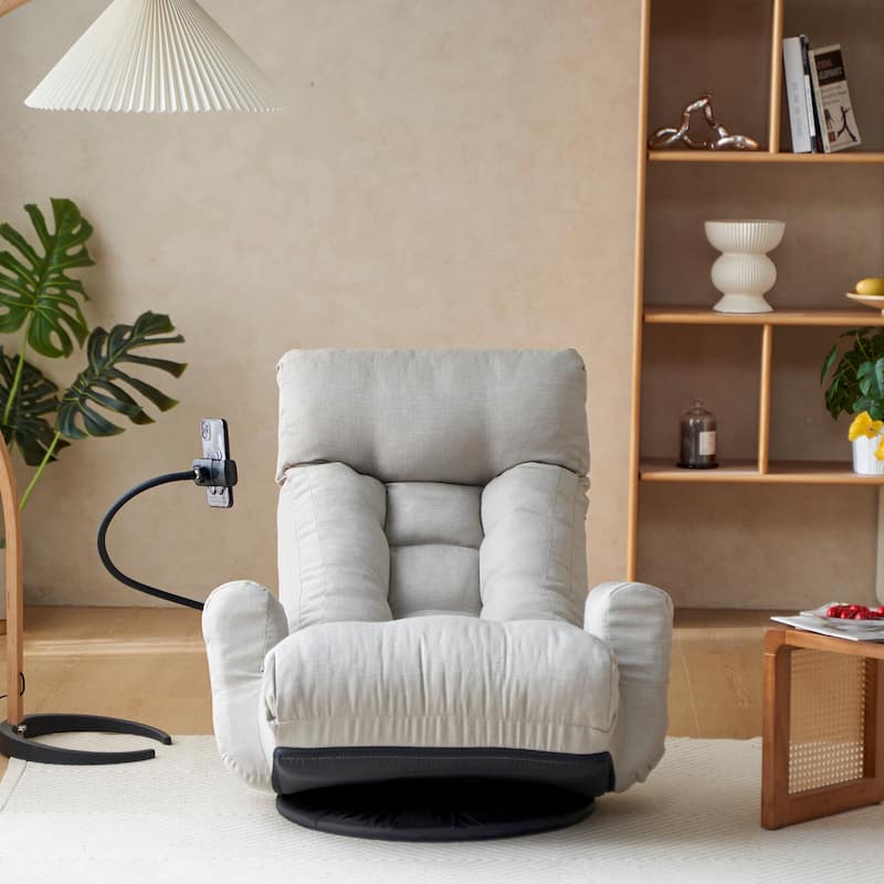 Gray Upholstered 360° Swivel Manual Leisure Recliner with Mobile Phone Holder, Adjustable Headrest and Backrest