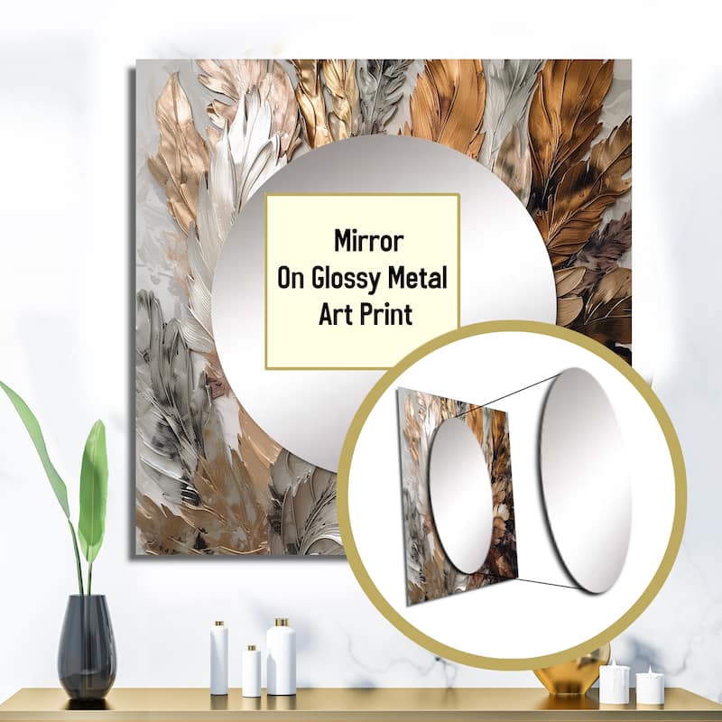 Designart "Gold Feather Extravaganza IV" Glam Feather Wall Mirror - Floral Large Square Printed Mirror For Hallway