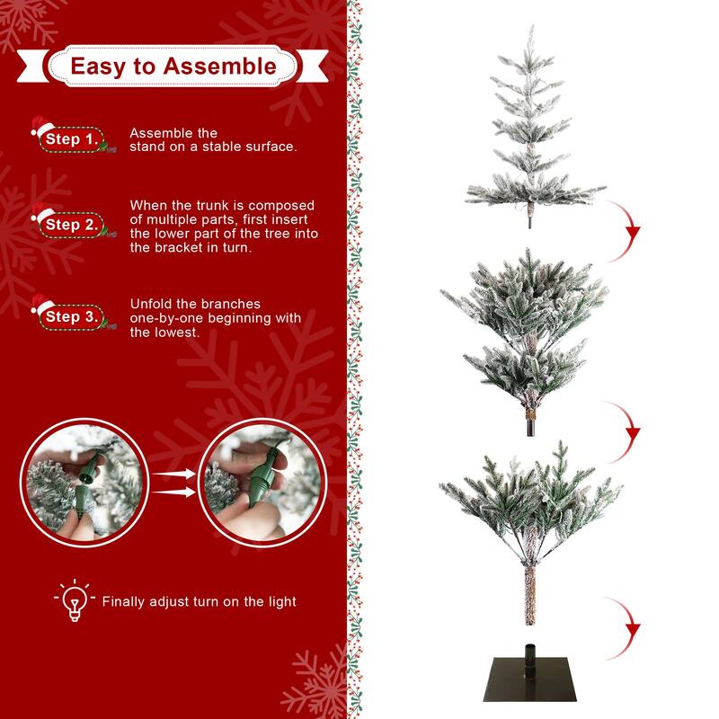 Glitzhome 6/7/9 FT Pre-Lit Flocked Slim Snowscape Fir Artificial Christmas Trees 2 or 3-Piece Set