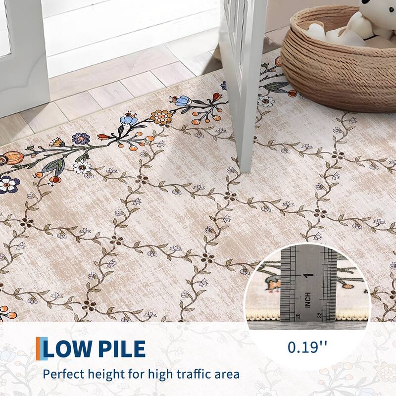 Floral Area Rugs for Living Room Low Pile Non Slip Rugs Washable Soft Foldable Accent Carpet Home Decor