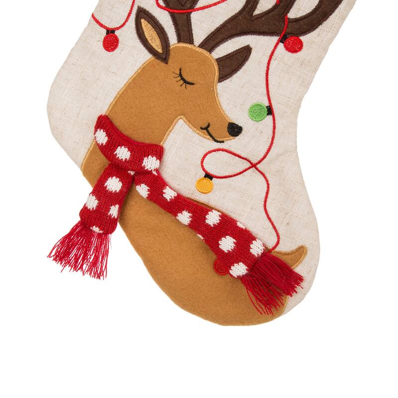 Glitzhome 21"L LED Embroidered Linen Reindeer Cat Dog Christmas Stockings