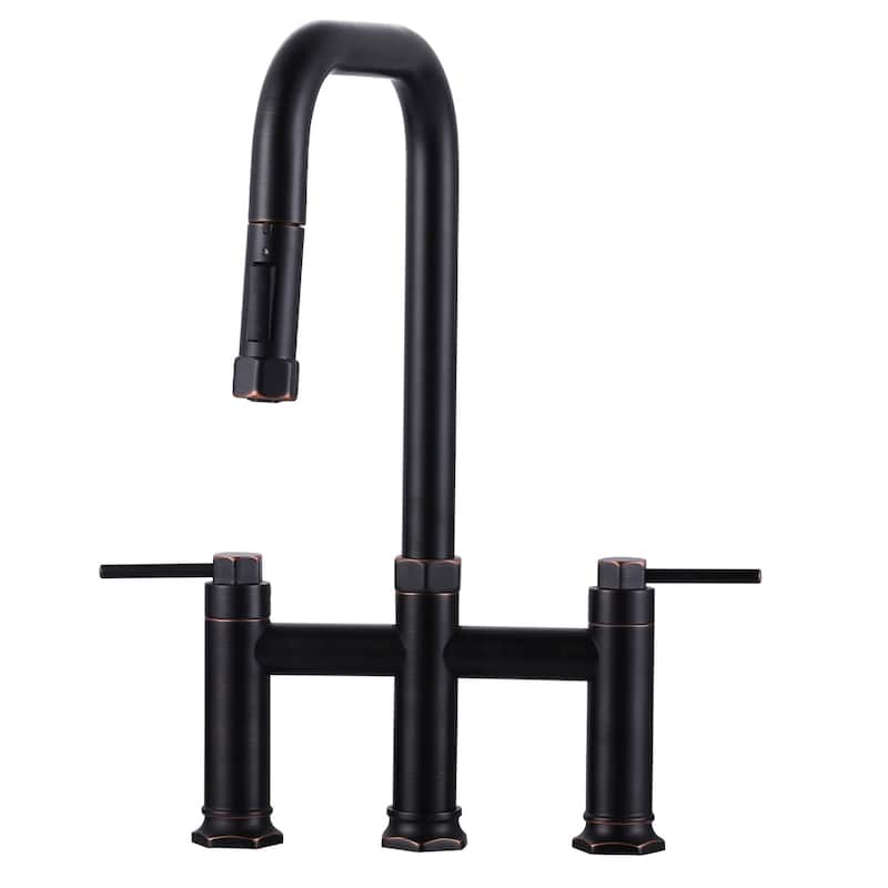 WOWOW Double Handle Pull Down Kitchen Faucet - Oil Rubbed Bronze