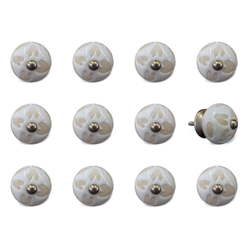 HomeRoots Set of Twelve Beige And White Floral Ceramic Drawer Pull Knobs - 1.5" x 1.5" x 1.5"