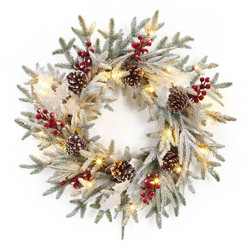24 Inch Pre-Lit LED Lights Christmas Wreath for Front Door