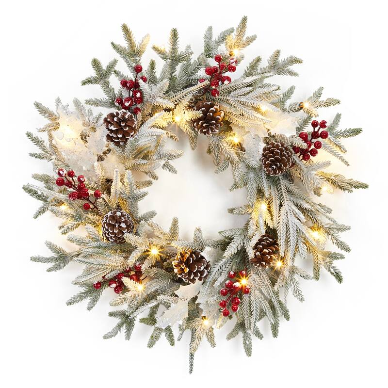 24 Inch Pre-Lit LED Lights Christmas Wreath for Front Door - Silver