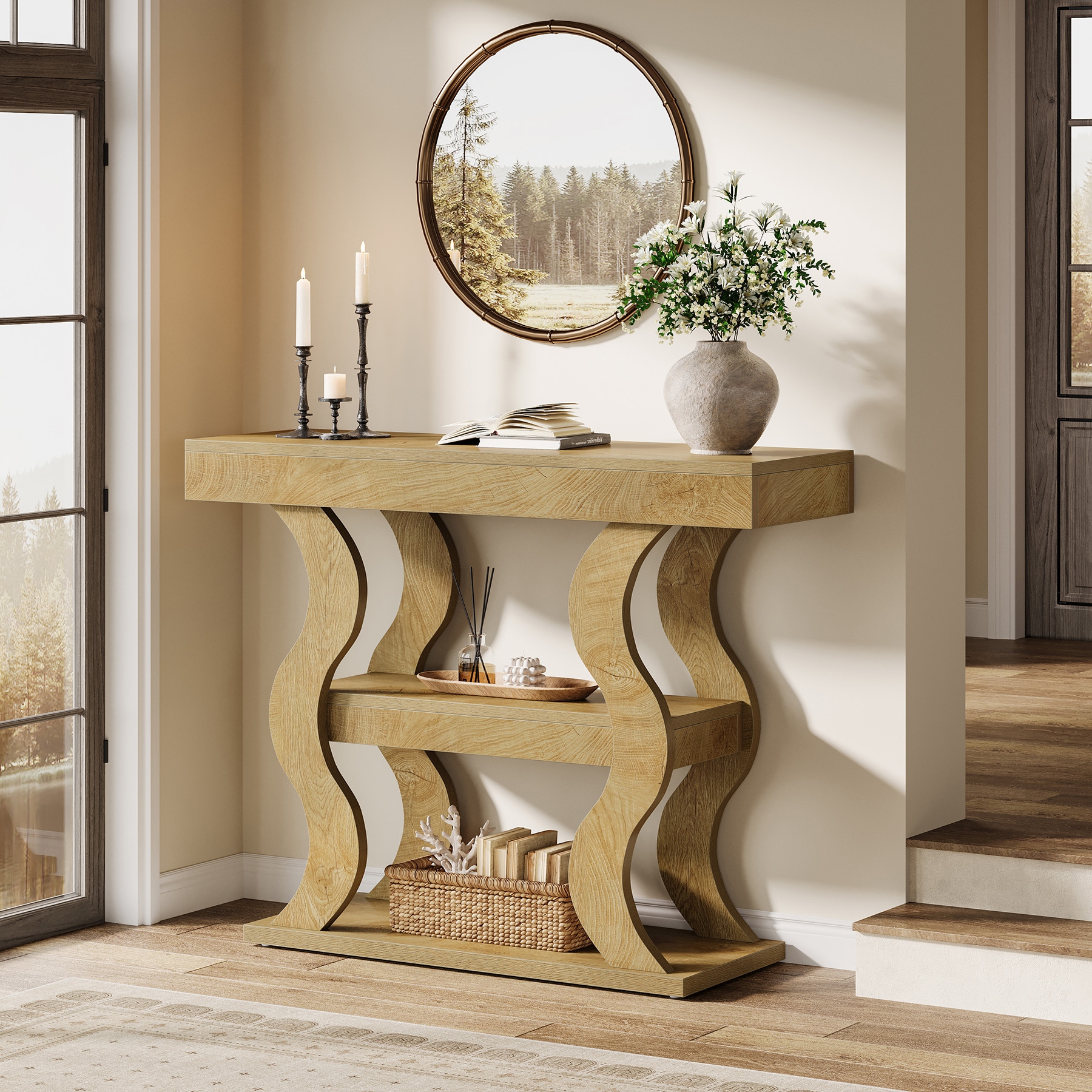Console Table for Entryway, 3-Tier Wood Sofa Table with Storage Shelves for Living Room, Hallway, Foyer, Entrance