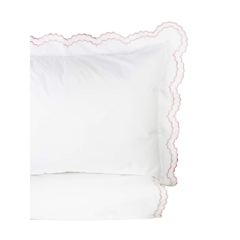 Embroidered Percale Crisp Cotton Double Scallopier Duvet Set and Sham - Rose Duvet Cover Set - Twin - 2 Piece