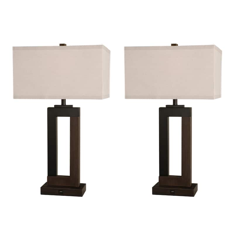 25.9" Rectangle Cotton Shade Wood Table Lamps Set of 2