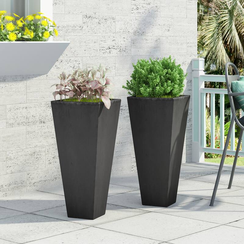 Ella Outdoor Cast Stone Outdoor Planters by Christopher Knight Home - 13.00" L x 13.00" W x 28.50" H - Matte Black