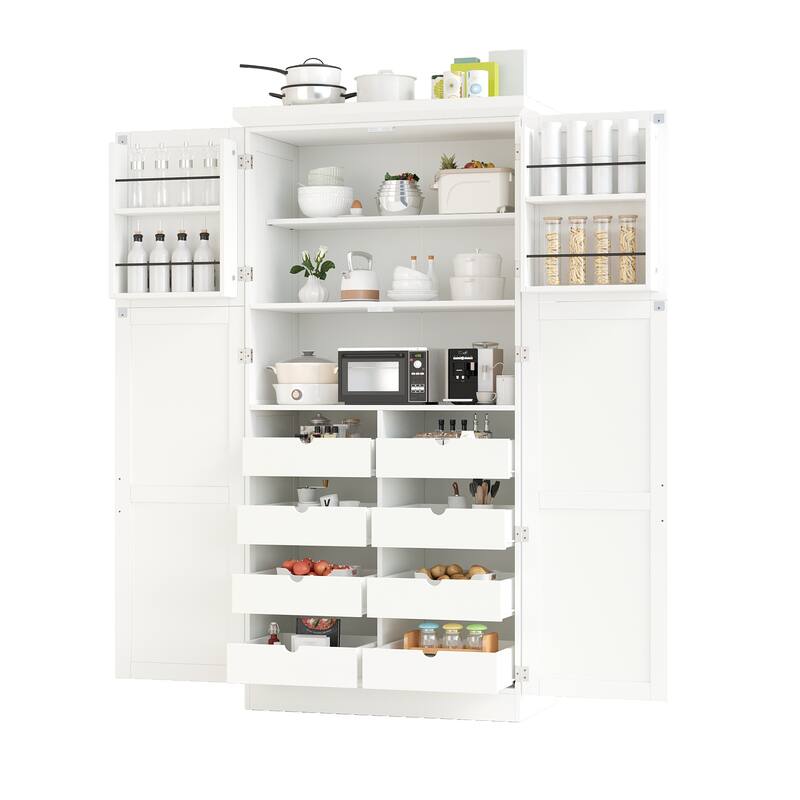 70.9 inch Freestanding Kitchen Cabinet, Tall Storage Cabinet with 4 Doors, 2 Door Shelves, 8 Pull-out Trays and Adjustable Shelf
