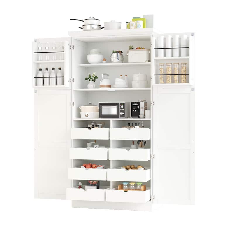 Tall Kitchen Pantry Cabinet with Pull-Out Trays - 35.5" 4-Door Storage Unit, Adjustable Shelves for Dining Room