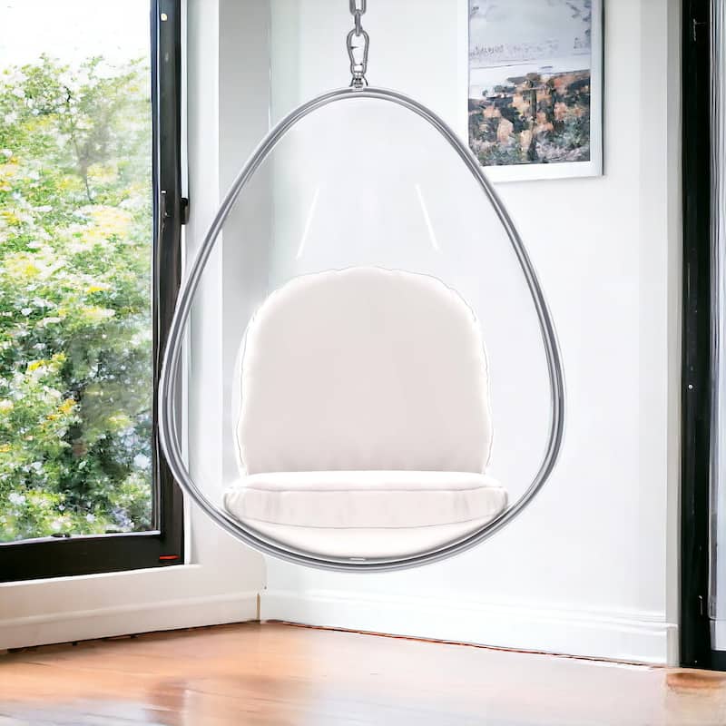 HomeRoots 47" White and Silver Acrylic and Faux Leather Oval Balloon Chair - 27.4' X '44' X '22.8 - 27.4' X '44' X '22.8