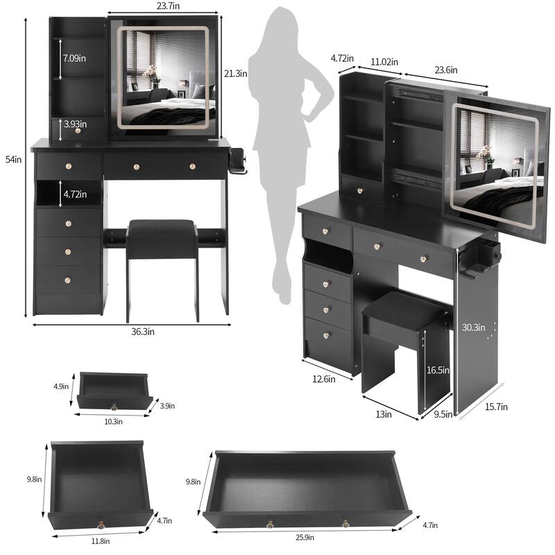 37" Middle Size Left Drawer Desktop Vanity Table + Cushioned Stool Dresser Set, Large Touch Control LED Sliding Mirror