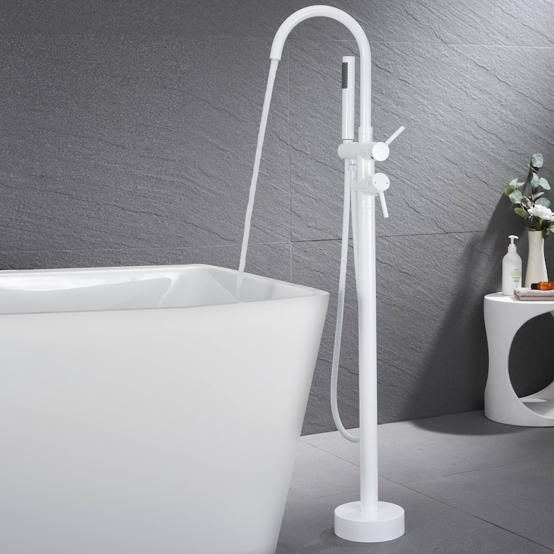 Freestanding Tub Faucet With Hand Shower Bathroom Floor Mount Tub Filler White Double Handle Bathtub Faucets Trim With Sprayer