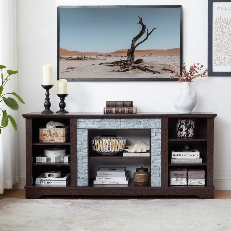 Traditional Style TV Stand with Faux Stone Accent, 6 Storage Shelf and 2 Shelf for Family Living Room