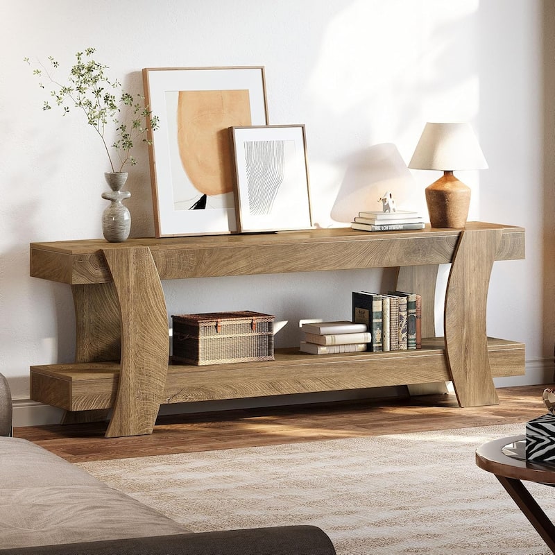 63" Wooden TV Stand for 55/60/65/70-Inch TVs, Farmhouse Media Console with 2 Open Shelf