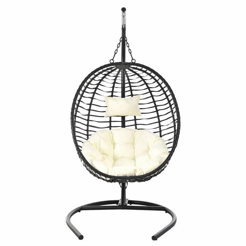 Single Person Folding Egg Chair with Stand, Indoor Outdoor Hanging Wicker Swing Chair with Adjustable Feet