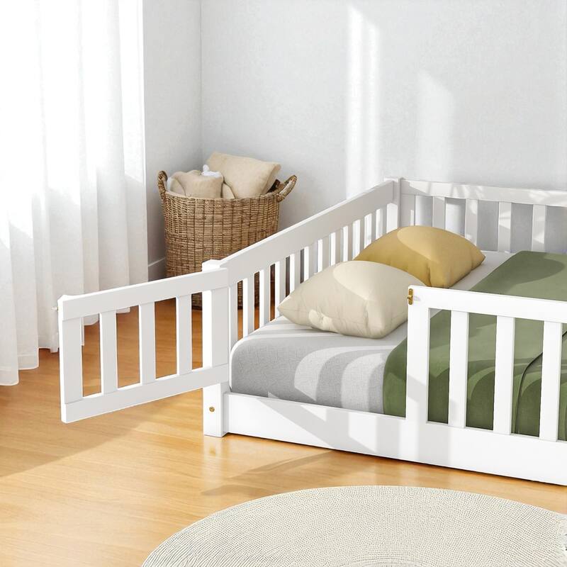 Full Size Rubber Wood Floor Bed with Fence, Door and Safety Guardrails for Kids