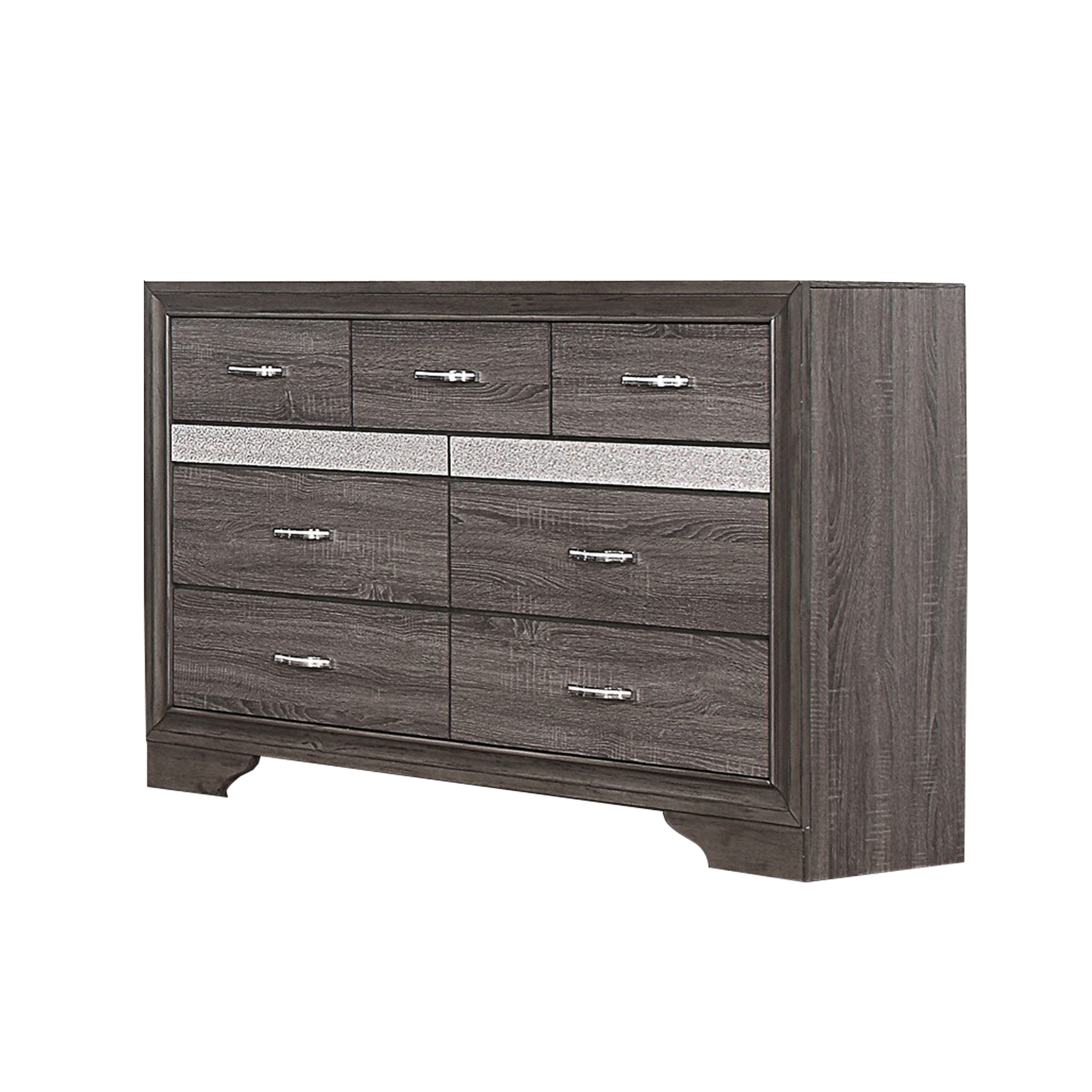 Benjara 7 Drawer Wooden Dresser with 2 Hidden Jewelry Drawers, Gray and Silver