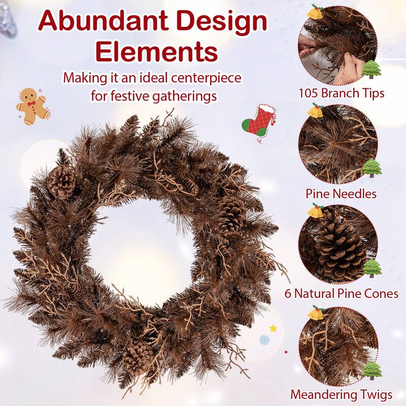 Gymax 24'' Pre-lit Christmas Wreath Front Door Artificial Xmas Wreath