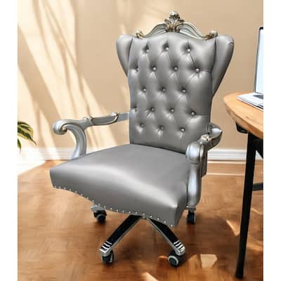 Gray Faux Leather Tufted Seat Swivel Adjustable Executive Chair Leather Back