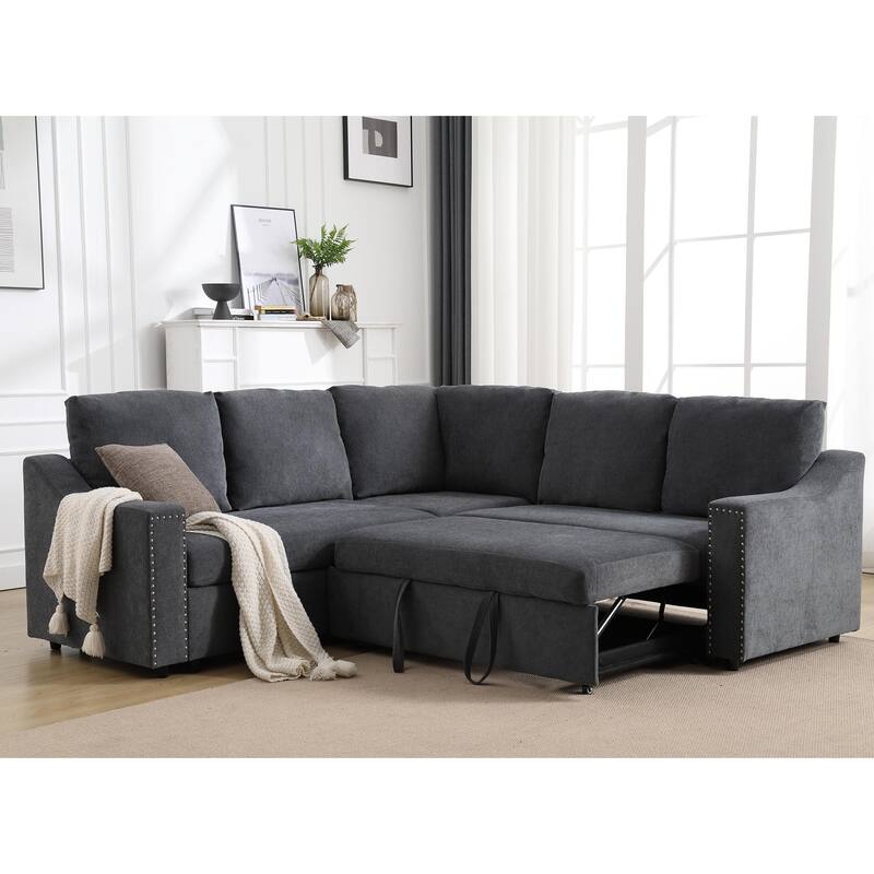 81.5'' L-Shaped 5-Seater Sectional Sofa with Pull-Out Bed and Six Pillows, Multifunctional Corner Couch for Living Areas