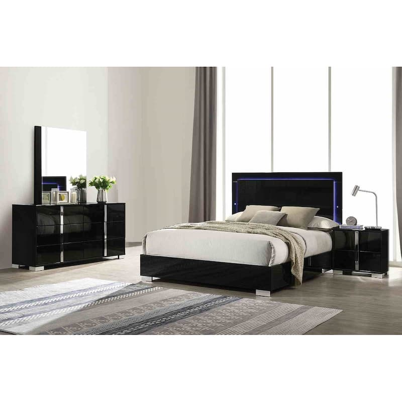 Glossy Black Contemporary Bedroom Furniture Set with LED Headboard and Chrome Accents