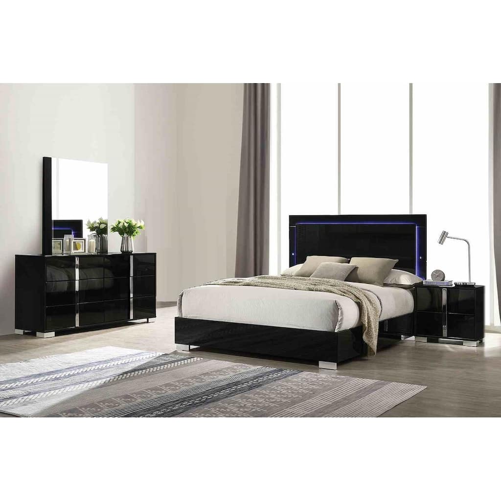 Glossy Black Contemporary Bedroom Furniture Set with LED Headboard and Chrome Accents