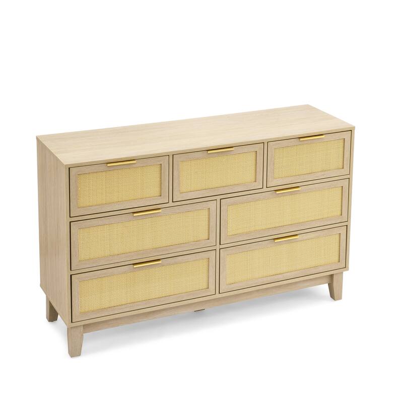 Modern Rattan Dressing Wooden Storage Cabinet with 7 Spacious Drawers, for Bedroom, Living Room and Hallway