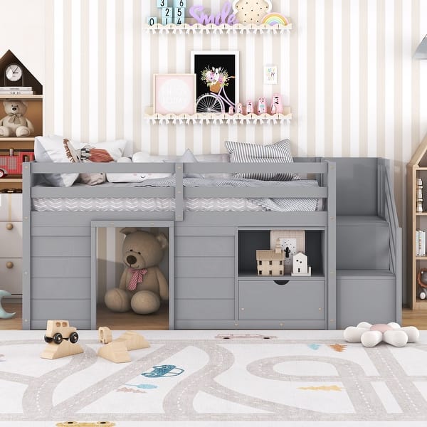 slide 2 of 9, Kids Loft Bed Twin Size Wooden Bed Frame with Storage Stairs & Drawer Gray - Twin