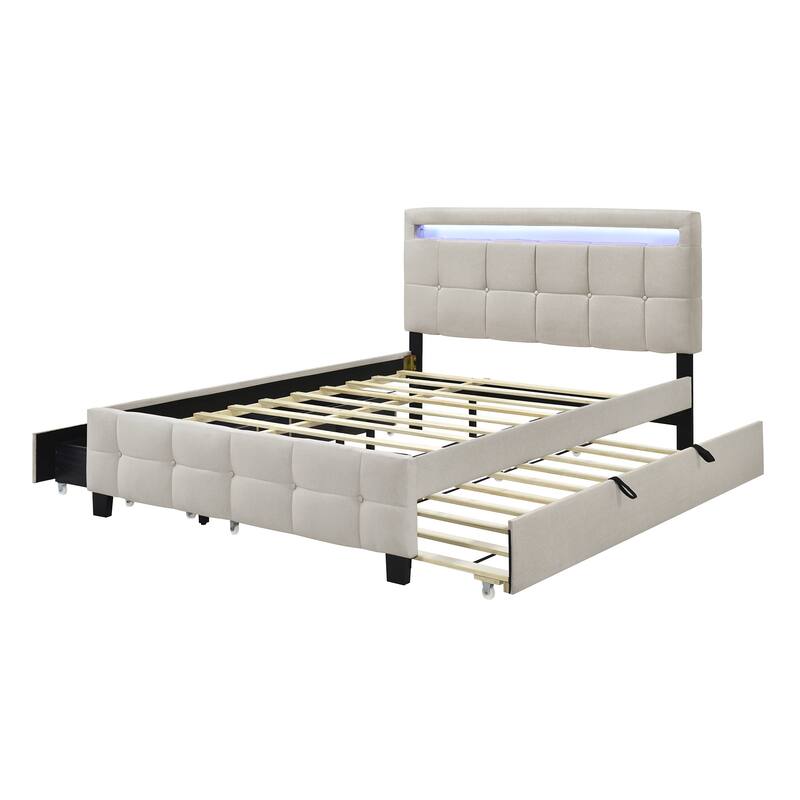 HomeRoots Beige Tufted Upholstered Lighted Queen Bed Frame With Trundle And USB And Drawers