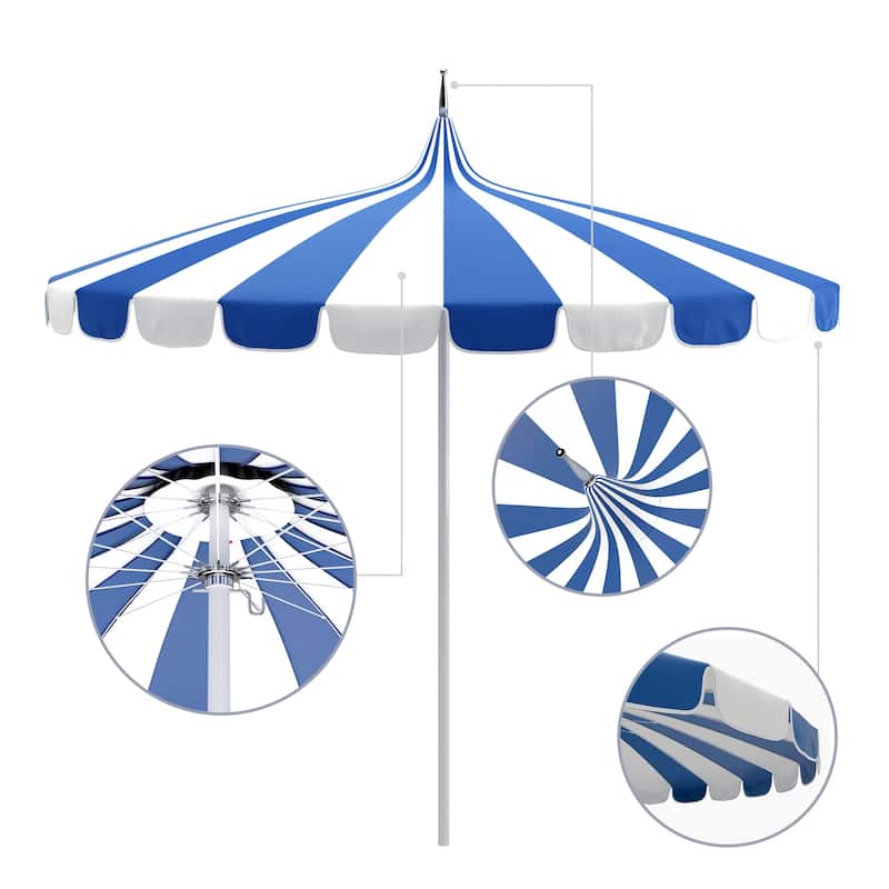California Umbrella 8.5' Pagoda Series Patio Umbrella White Aluminum Steel Wire Ribs Push Lift Pacific Blue and Natural