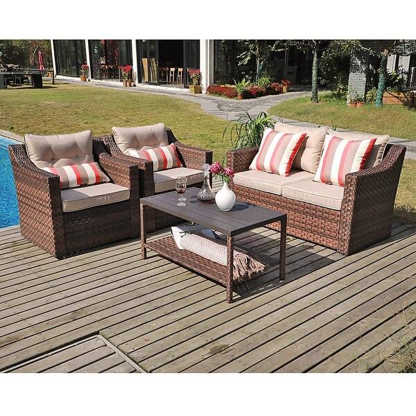 Shop 4 Piece Patio Conversation Set All Weather Woven Brown Wicker Furniture Beige Cushions Coffee Table W Aluminum Top Overstock 31743416